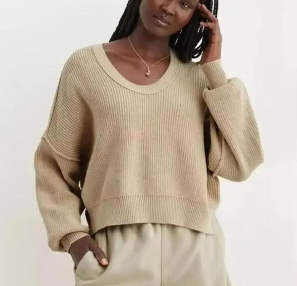 Aerie Beyond Ribbed Long Sleeve Cropped Scoopneck Sweater Tan Beige Medium